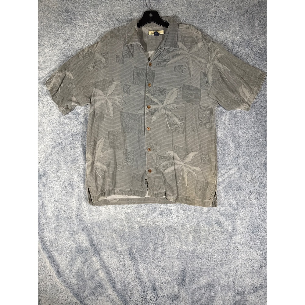 Tommy Bahama‎ Mens Grey 100% Silk Palm Tree Jacquard Camp Shirt Med Short Sleeve